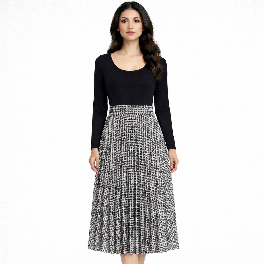 Black & White Pleated Houndstooth Midi Dress. NWT